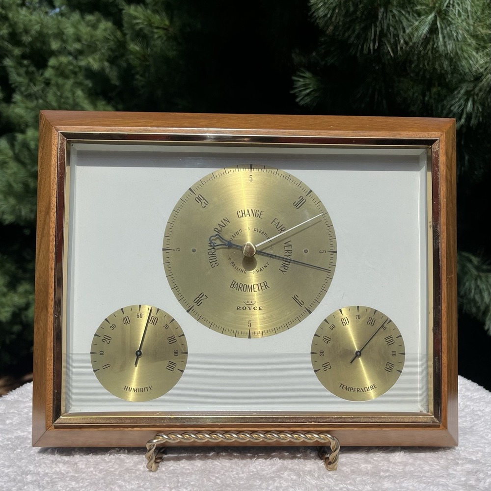 Vintage Royce Weather Station Wall Barometer Thermometer Hygrometer MCM Wood